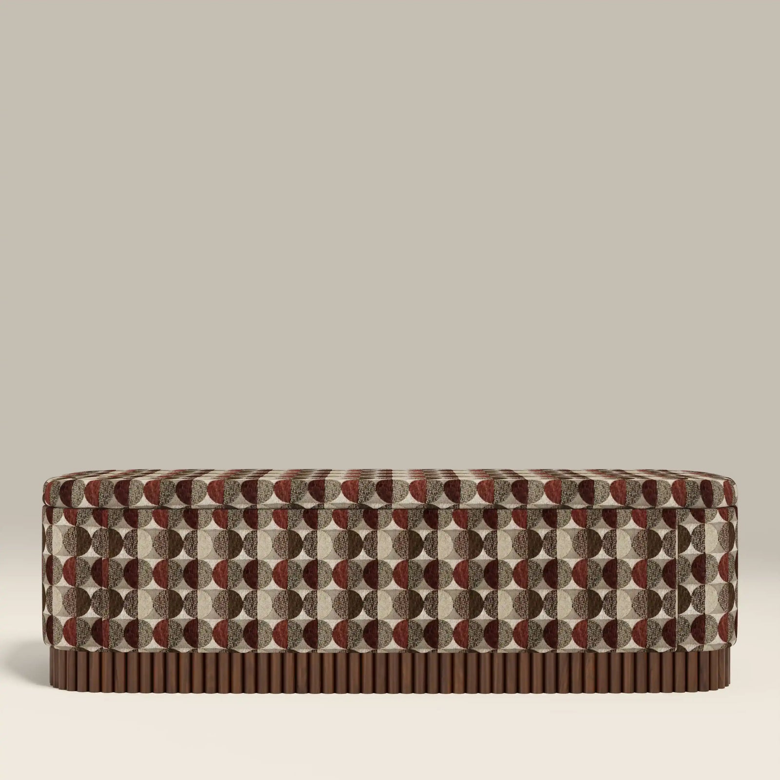 Oberon Storage Ottoman | Multicolour Orbis  Patterned Fabric & Walnut