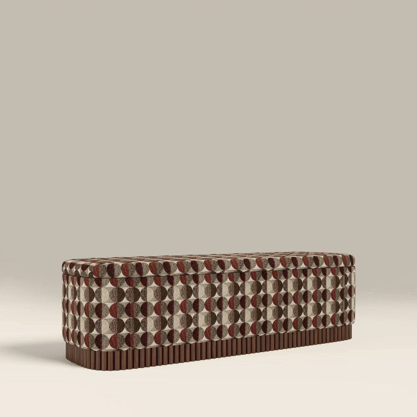 Oberon Storage Ottoman | Multicolour Orbis  Patterned Fabric & Walnut