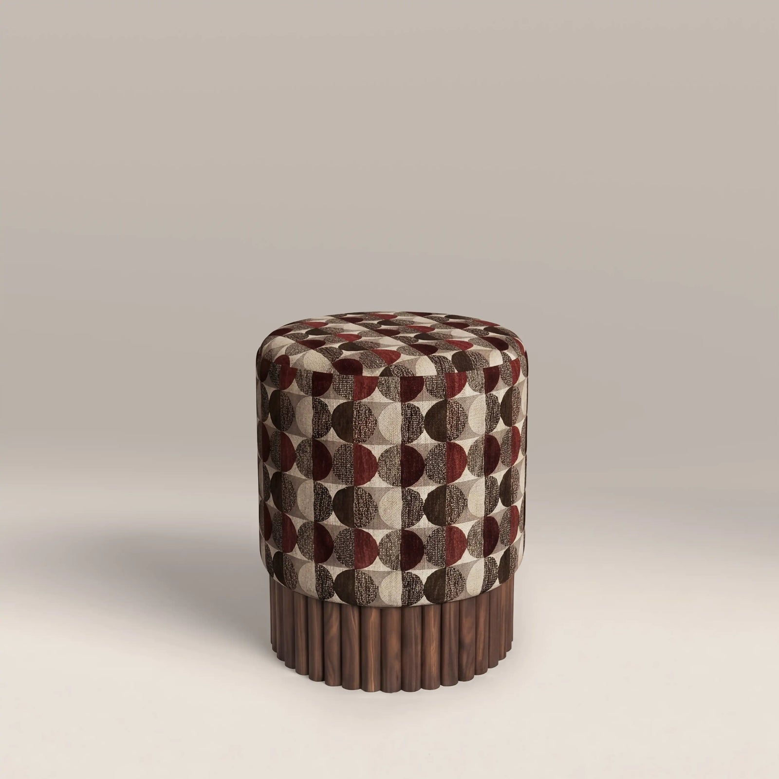 Oberon Pouffe | Multicolour Orbis Patterned Fabric & Walnut