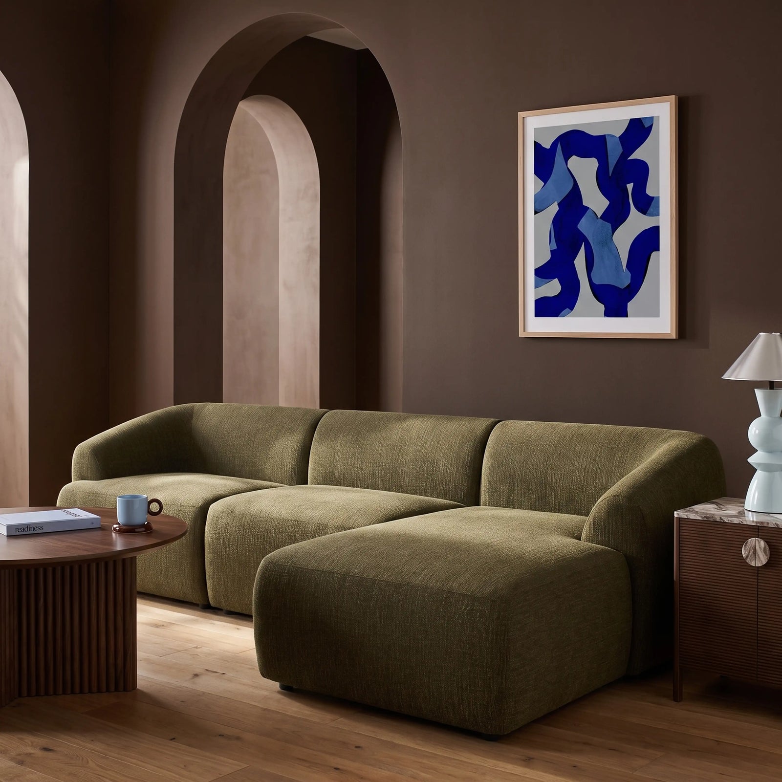 Malmo Right Hand 3 Seater Chaise Sofa | Olive Green Velvet Chenille