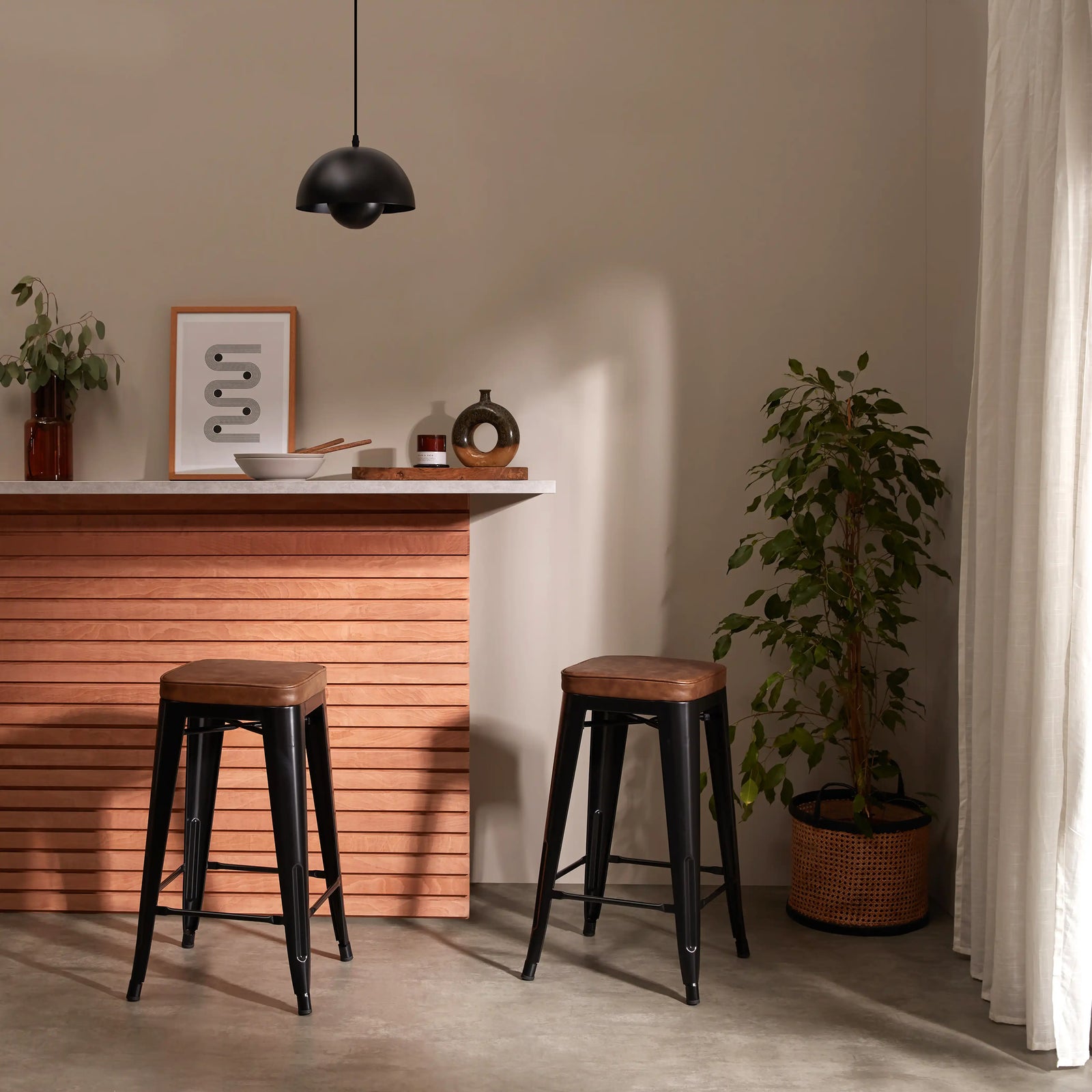 Tolix Style Stackable Kitchen Stool | Tan Faux Leather & Black