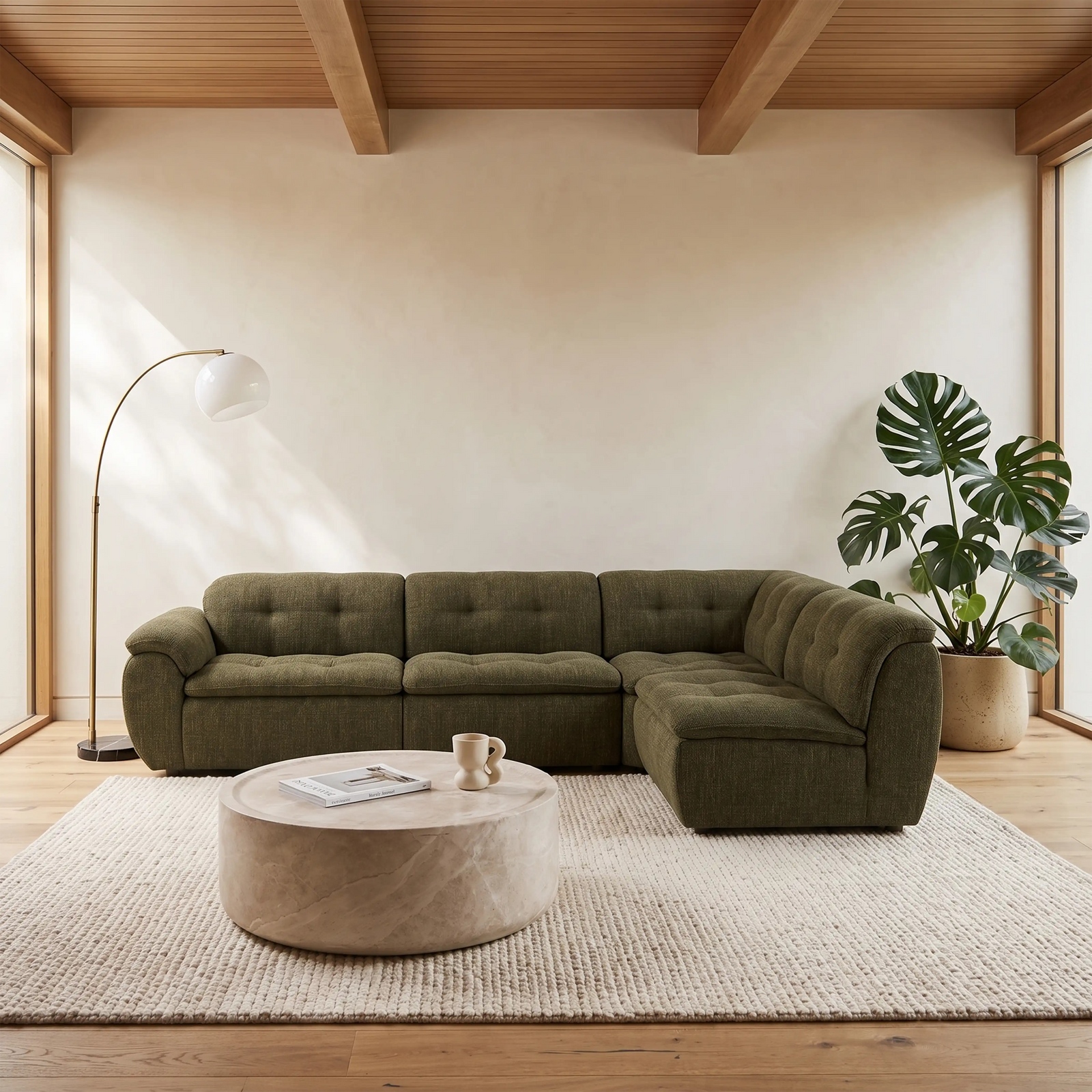 Bamba Right Hand Armless 3 Seater Corner Sofa | Olive Green Velvet Chenille