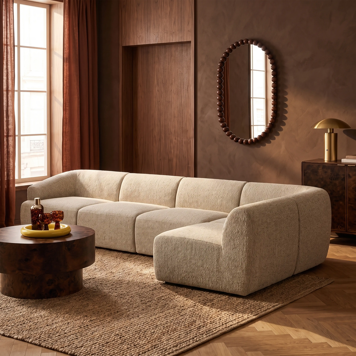 Malmo Right Hand Armless 4 Seater Corner Sofa | Oatmeal Woven Boucle