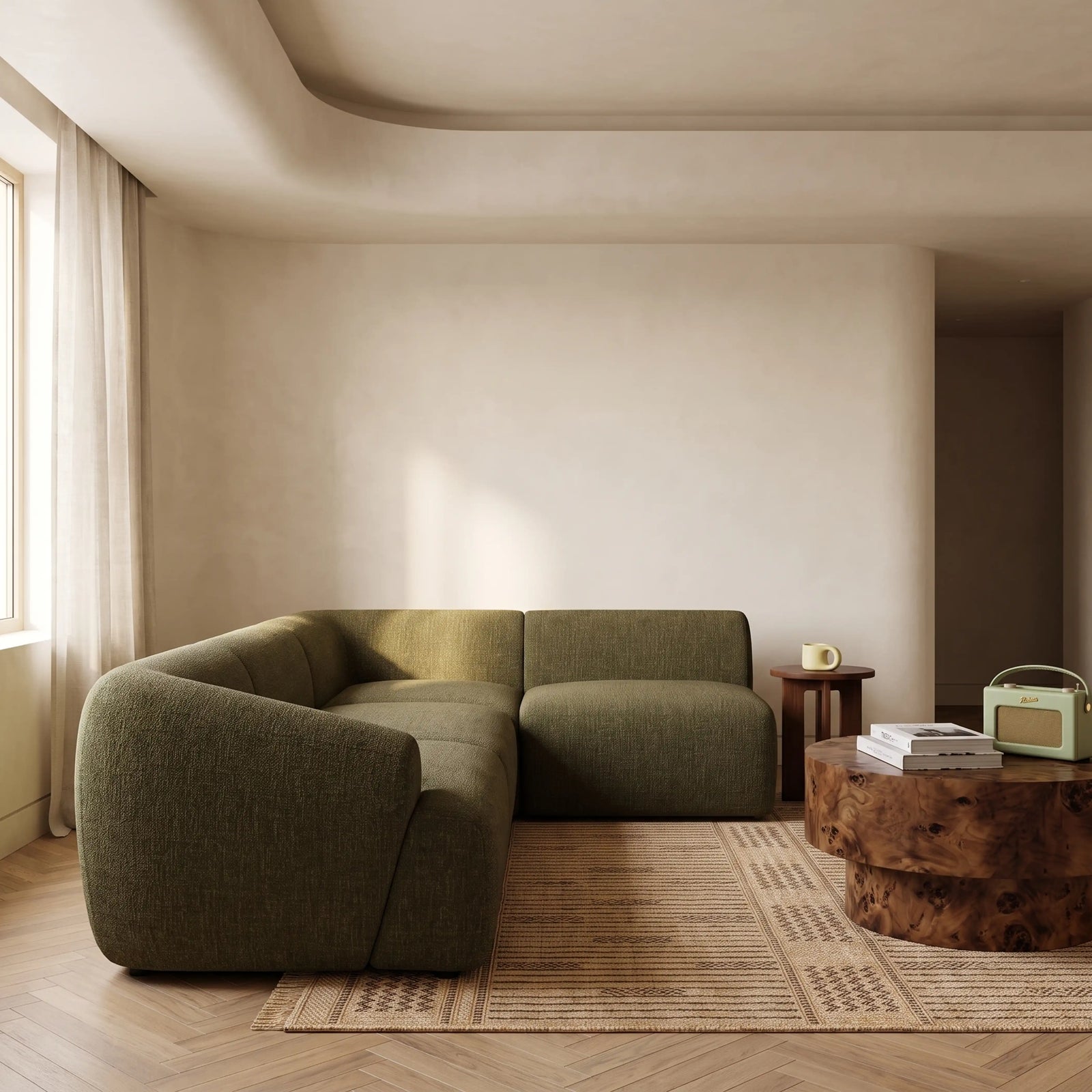 Malmo Right Hand Armless 3 Seater Corner Sofa | Olive Green Velvet Chenille