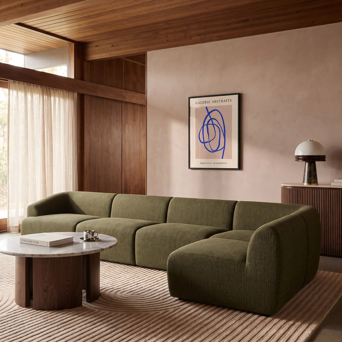 Malmo Right Hand Armless 4 Seater Corner Sofa | Olive Green Velvet Chenille