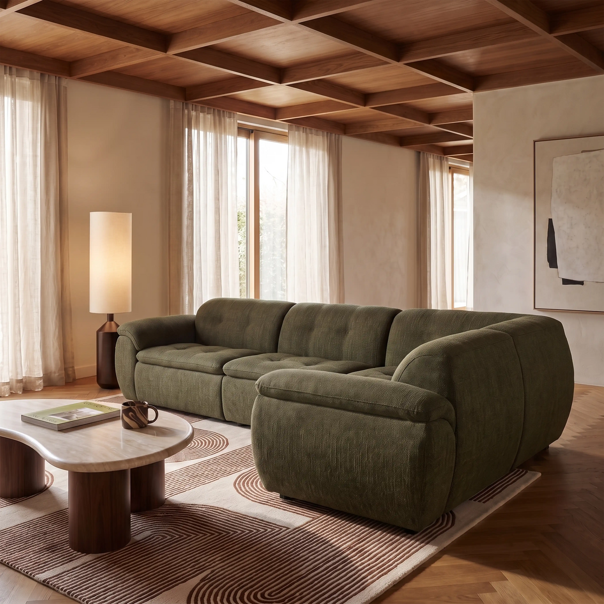 Bamba Right Hand 3 Seater Corner Sofa | Olive Green Velvet Chenille