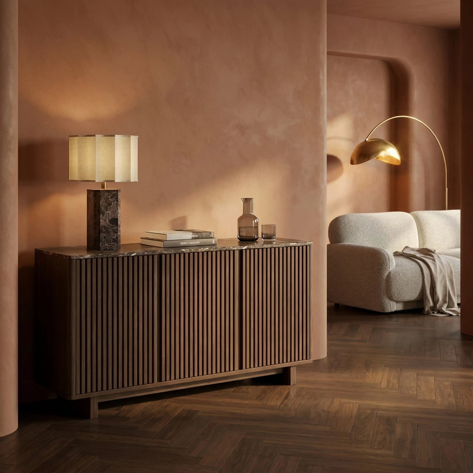 Janis 3 Door Sideboard | Emperador Brown Honed Marble & Walnut