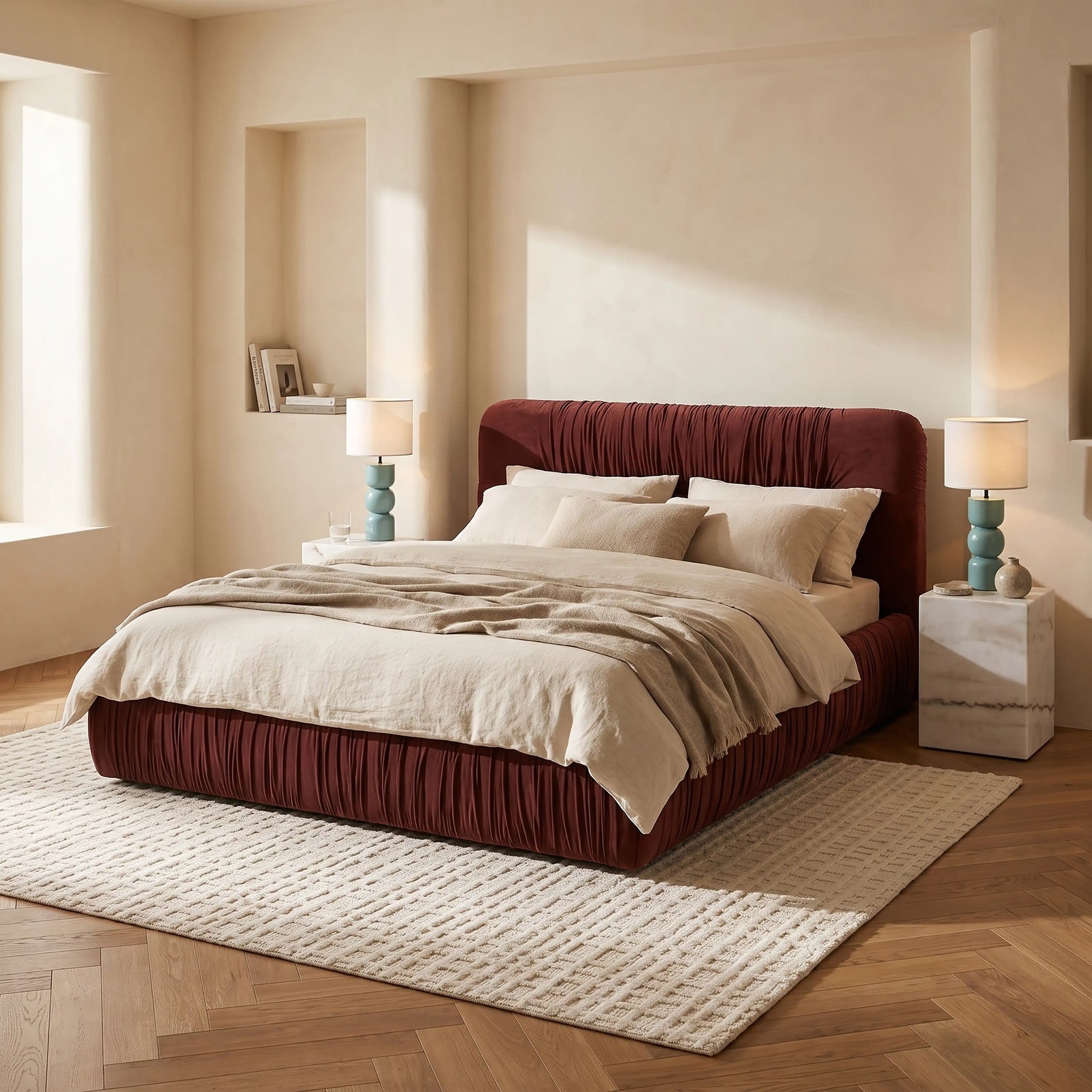 Bronte Ottoman Storage Super King Bed | Rust Red Sustainable Velvet