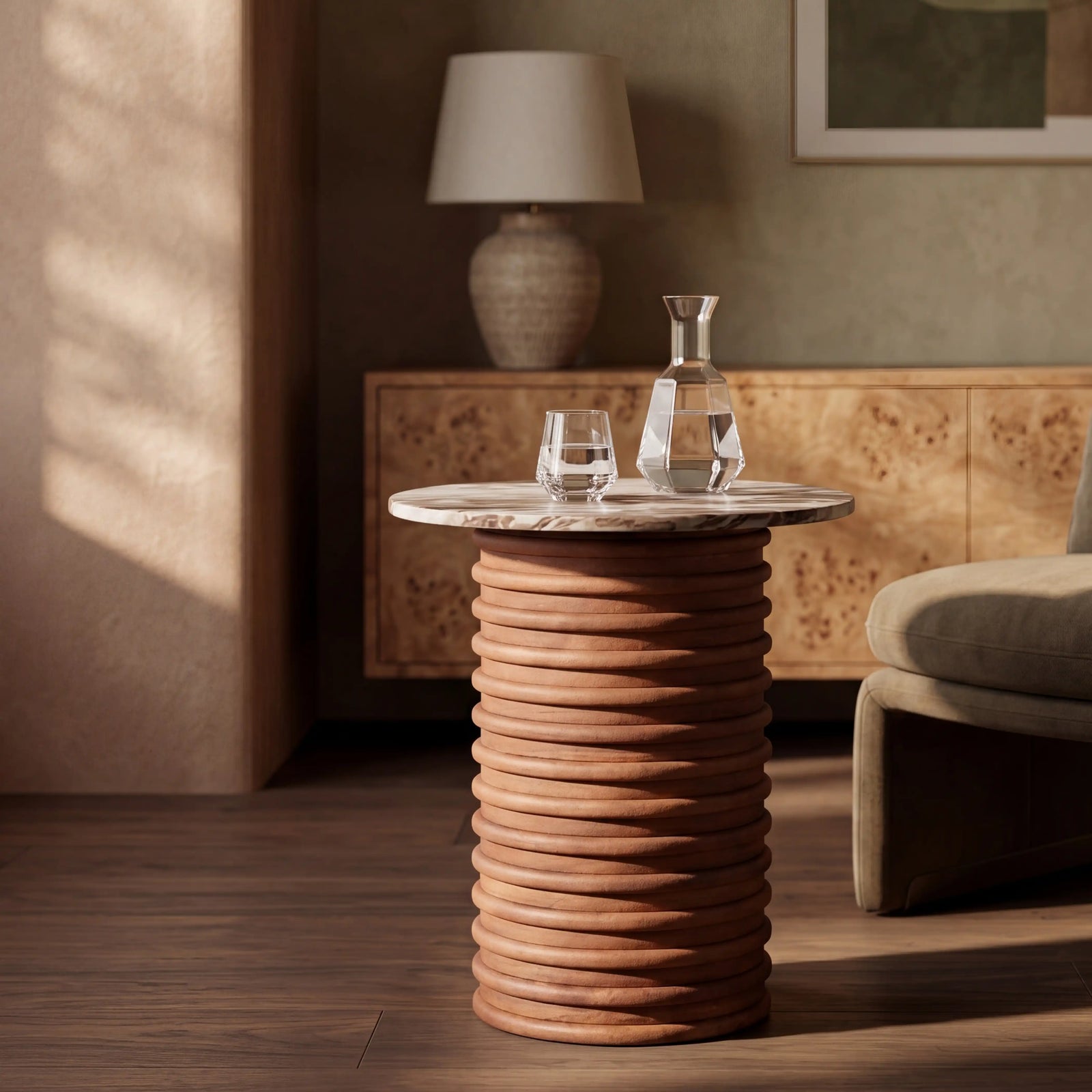 Dita Round Side Table | French Riviera Honed Marble & Walnut