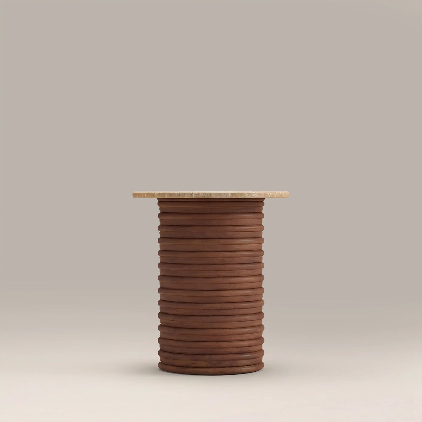 Dita Round Side Table | Natural Travertine & Walnut