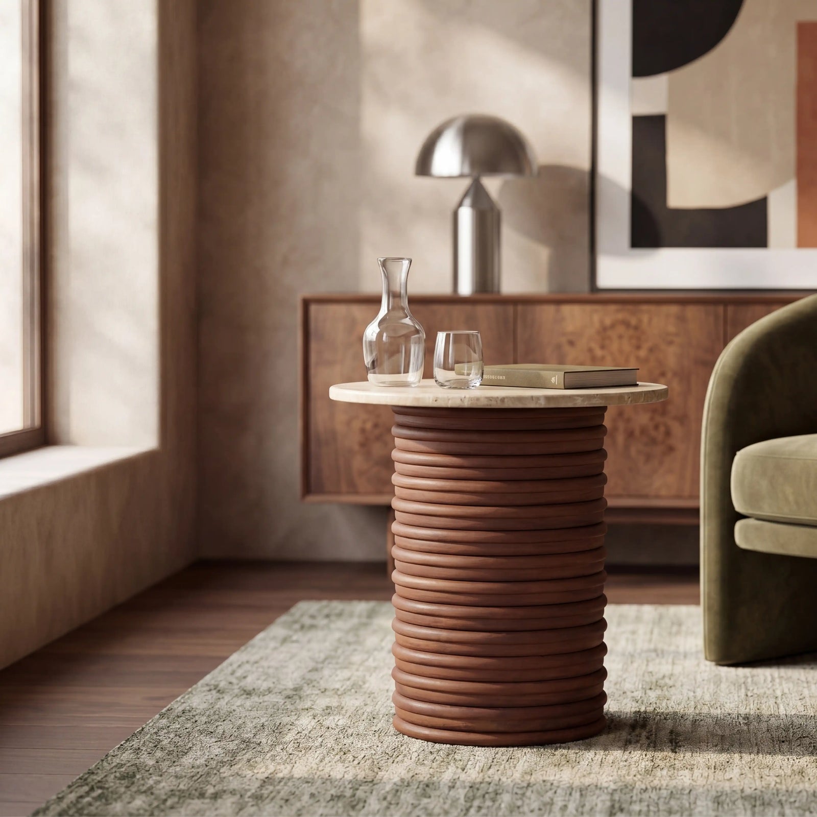 Dita Round Side Table | Natural Travertine & Walnut