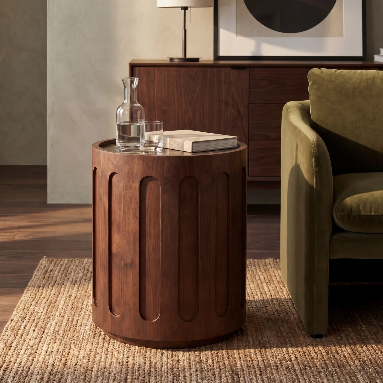 Juno Round Side Table | Emperador Brown Honed Marble & Walnut