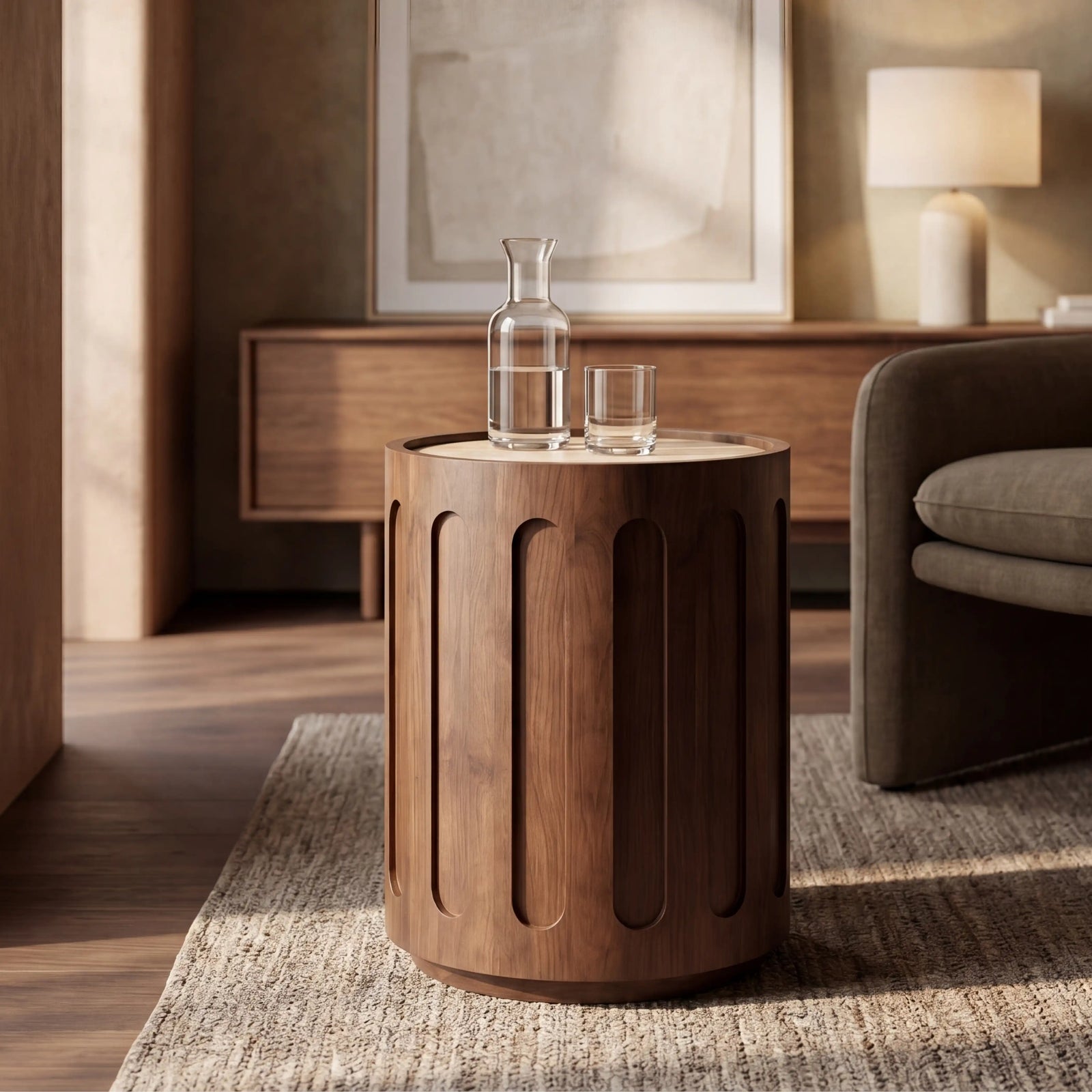 Juno Round Side Table | Natural Travertine & Walnut