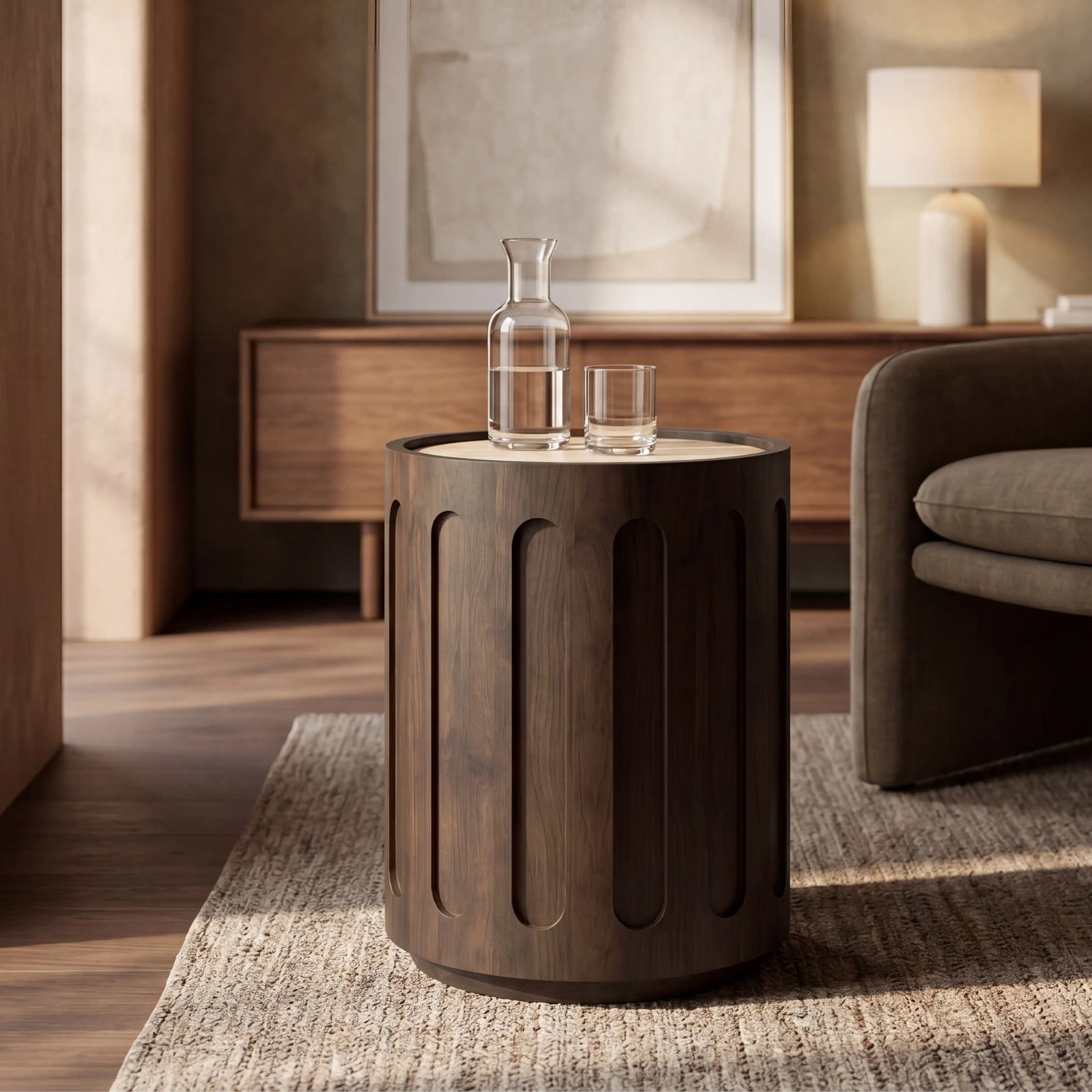 Juno Round Side Table | Natural Travertine & Walnut