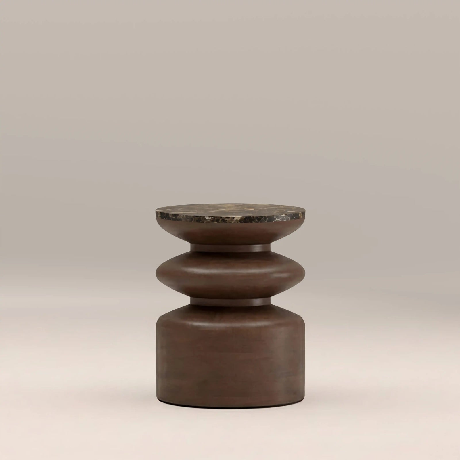 Leia Round Side Table | Emperador Brown Honed Marble & Walnut