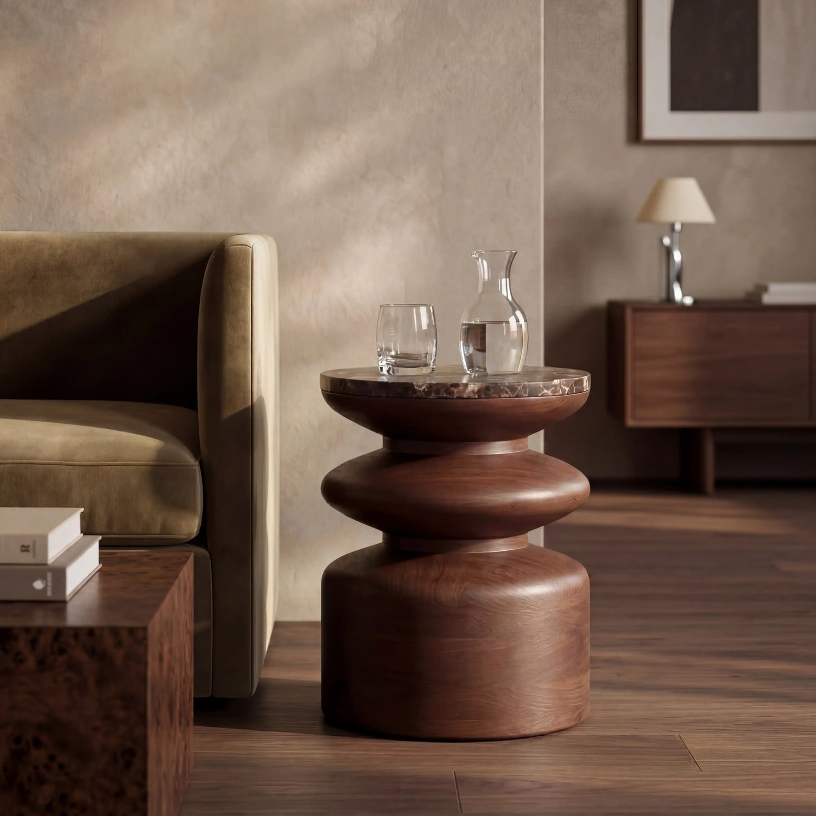 Leia Round Side Table | Emperador Brown Honed Marble & Walnut