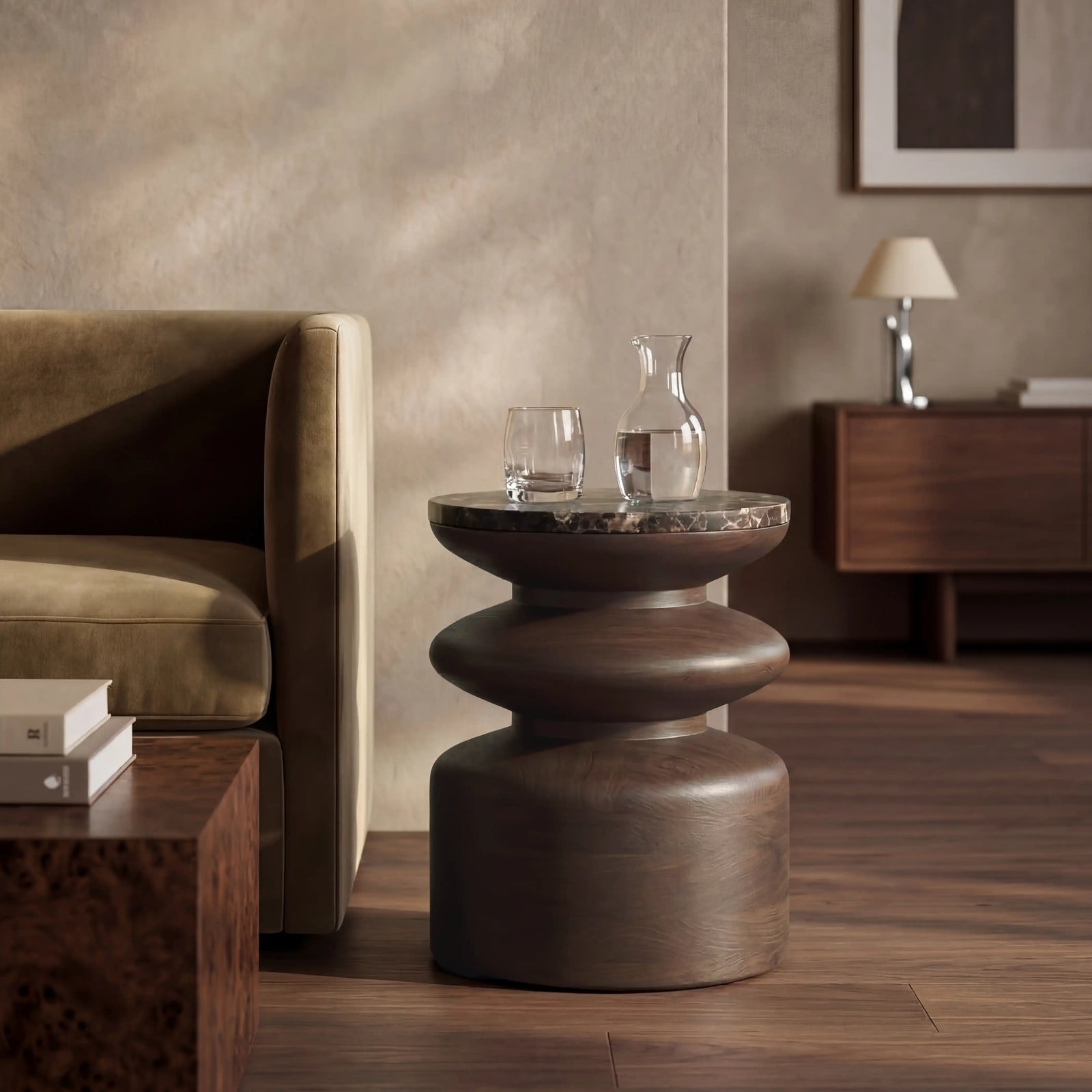 Leia Round Side Table | Emperador Brown Honed Marble & Walnut