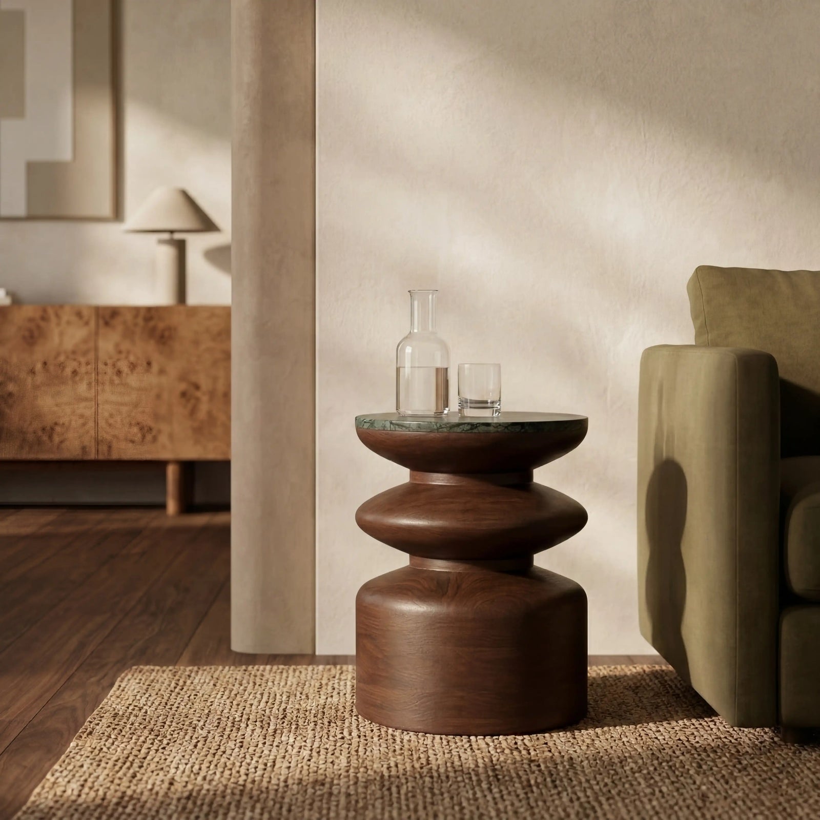 Leia Round Side Table | Forest Green Honed Marble & Walnut