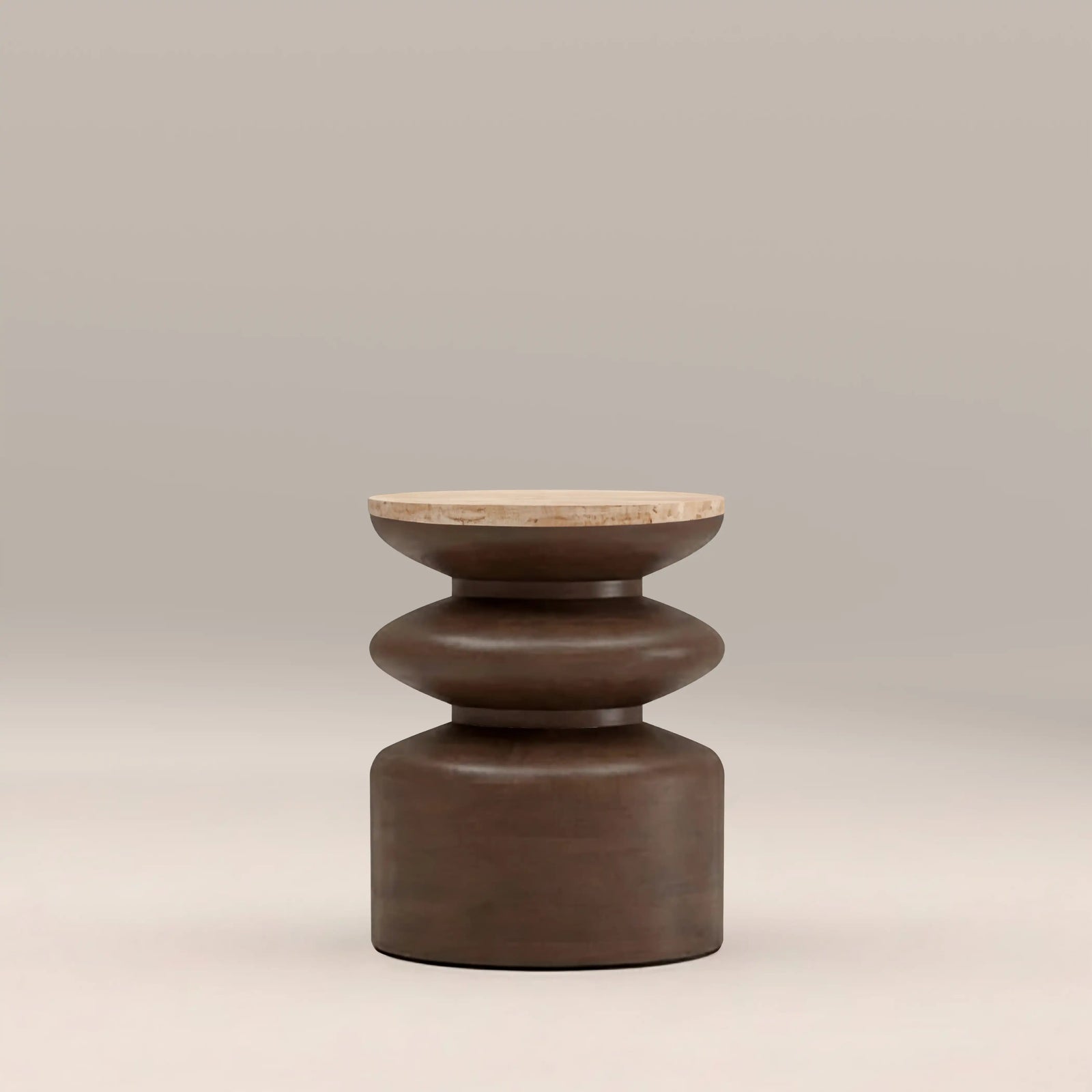 Leia Round Side Table | Natural Travertine & Walnut