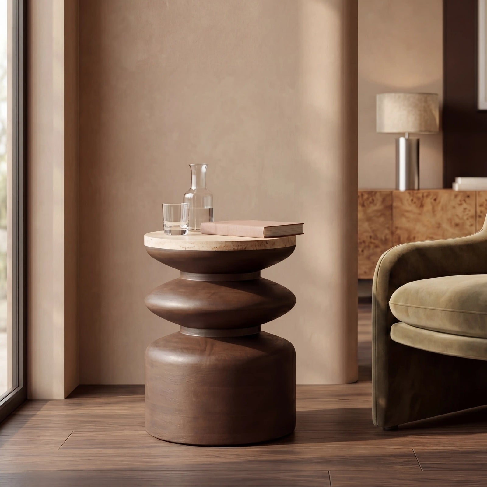 Leia Round Side Table | Natural Travertine & Walnut