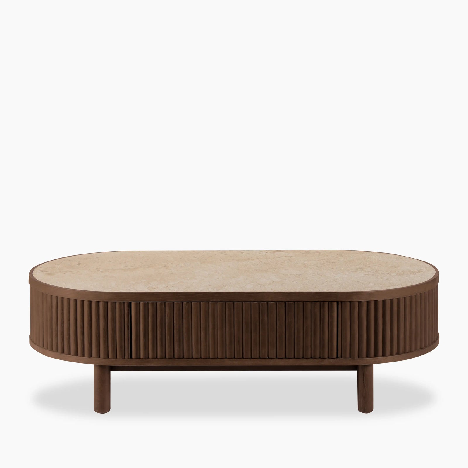 Santana Oval Coffee Table | Natural Travertine Effect Sintered Stone & Smoked Walnut