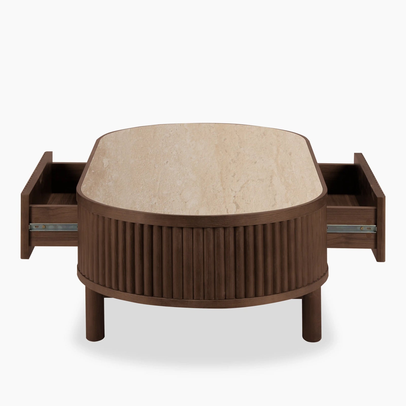 Santana Oval Coffee Table | Natural Travertine Effect Sintered Stone & Smoked Walnut