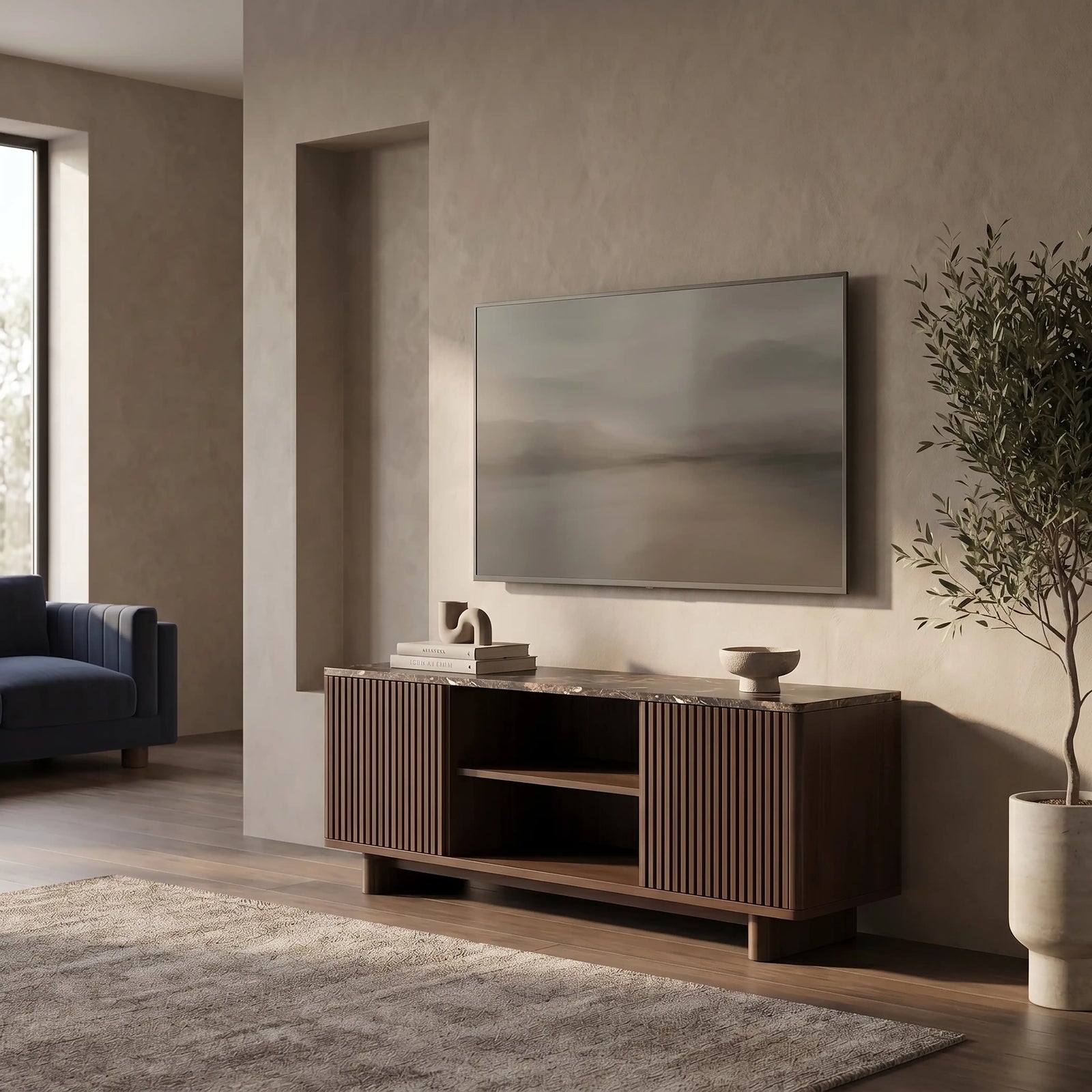 Janis 2 Door TV Stand | Emperador Brown Honed Marble & Walnut