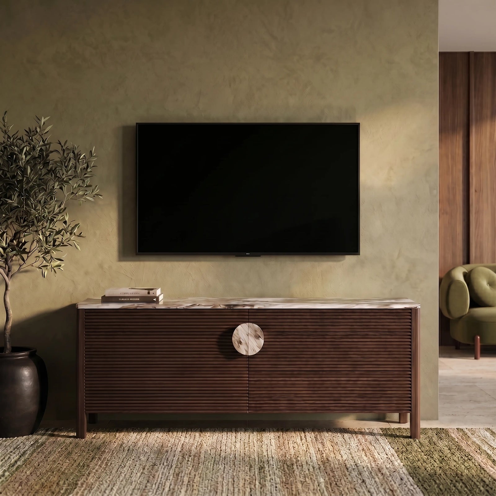 Tana 2 Door TV Stand | French Riviera Honed Marble & Walnut