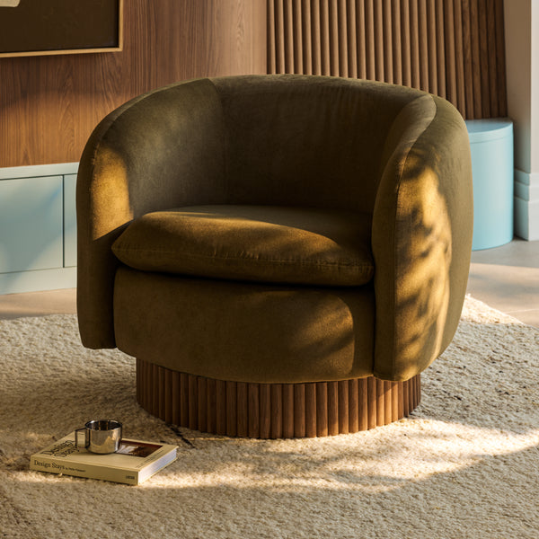 Viva Swivel Armchair | Moss Green Sustainable Mohair Velvet & Walnut