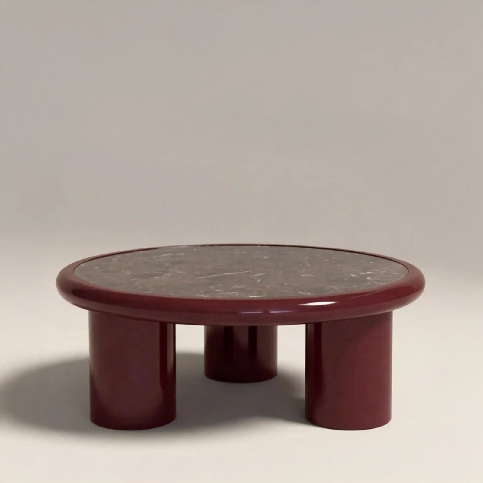 Carson Round Coffee Table | Maroon Red Marble & High Gloss Burgundy