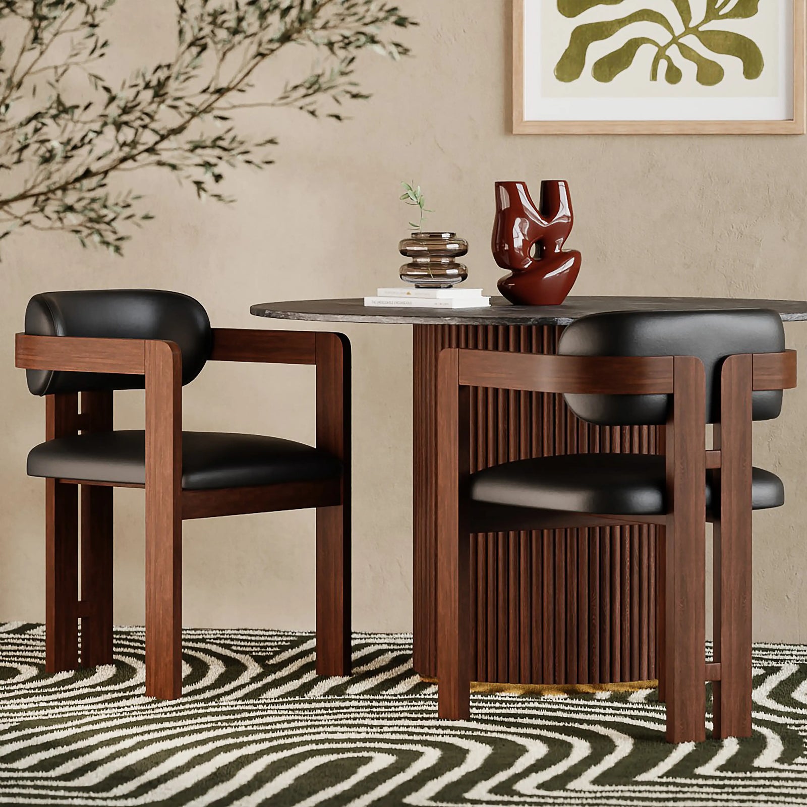 Hallie Carver Dining Chair | Noir Black Faux Leather & Walnut