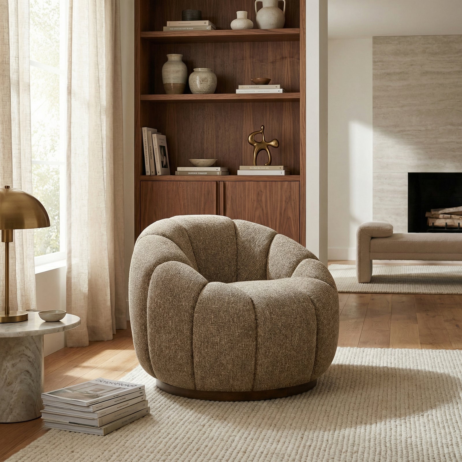 Ivy Swivel Armchair | Speckled Cappuccino Boucle & Walnut