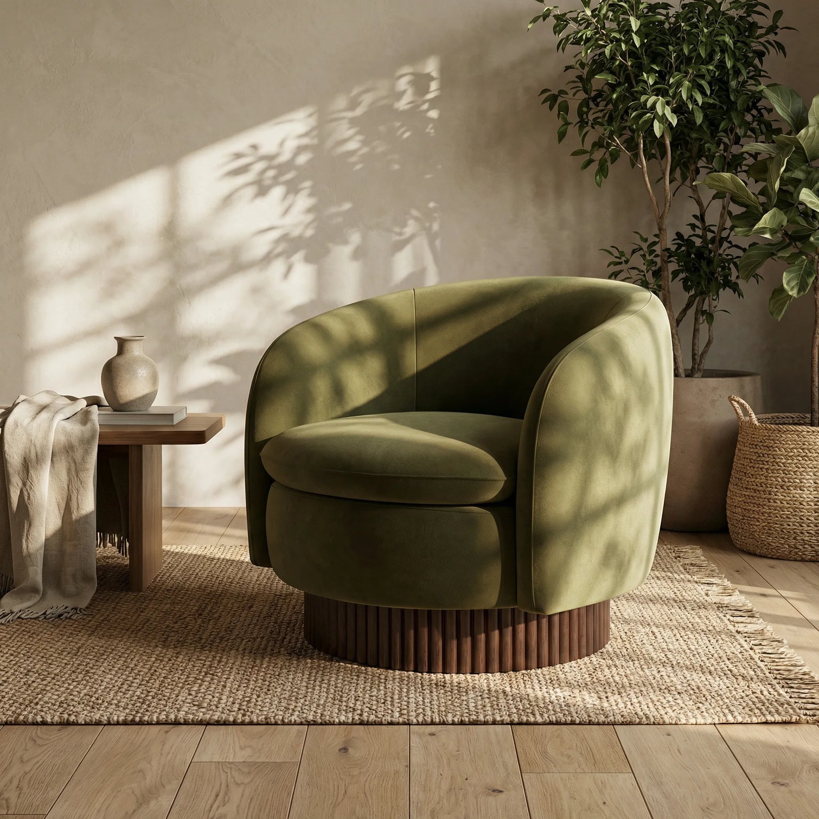 Viva Swivel Armchair | Moss Green Sustainable Mohair Velvet & Walnut