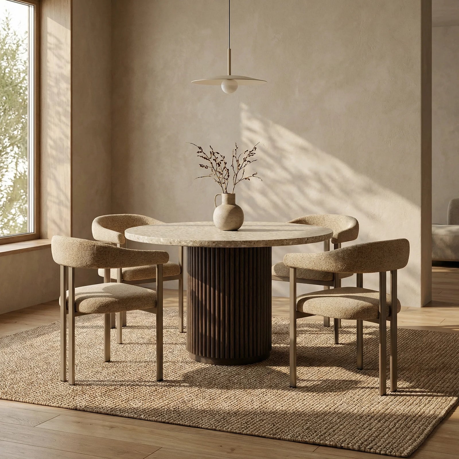 Pedersen 4 Seat Round Dining Table | Cappuccino Brown Riverstone Marble & Walnut