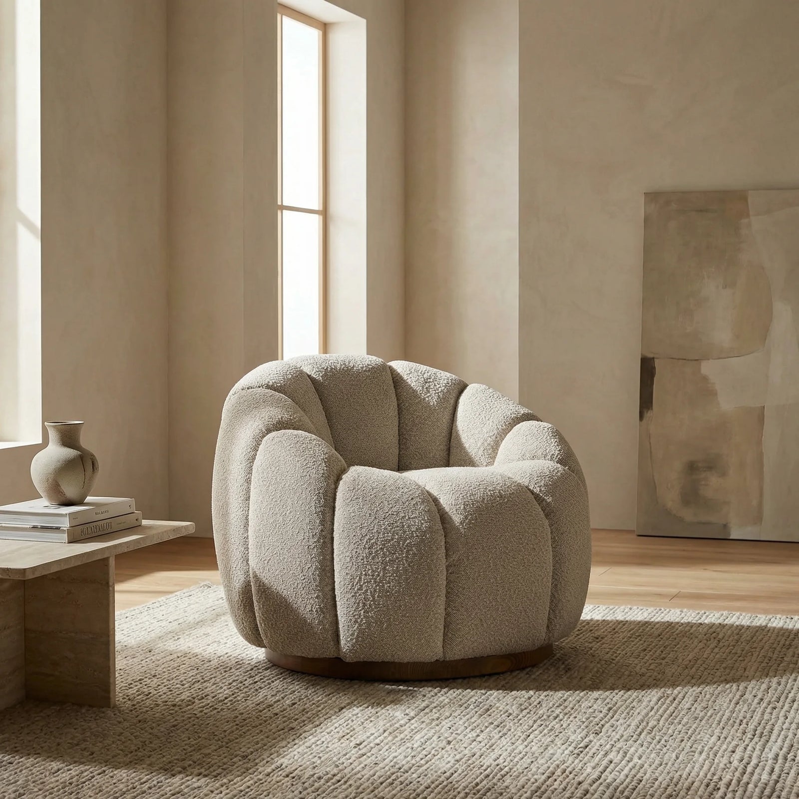 Ivy Swivel Armchair | Speckled Stone Sustainable Boucle & Walnut