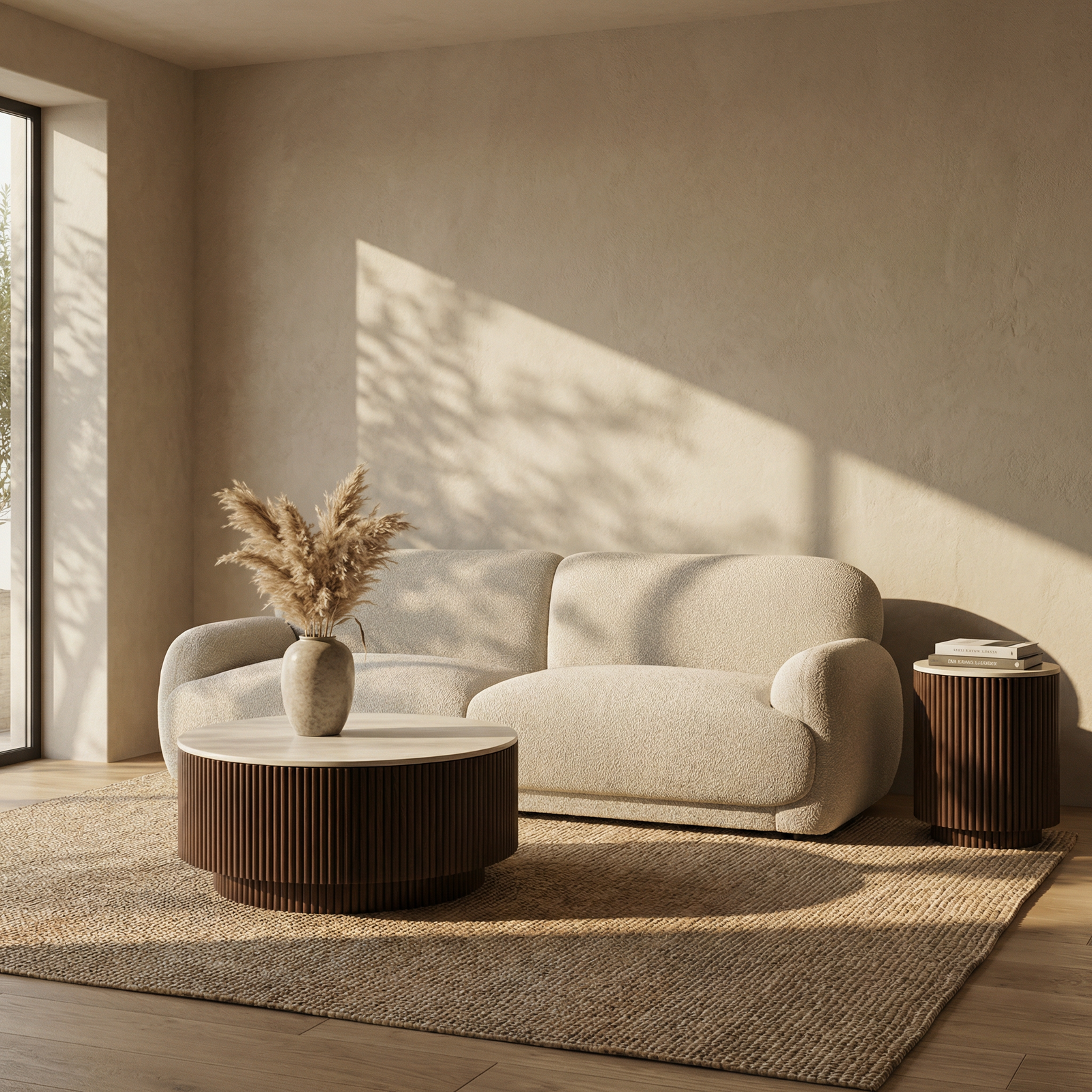 Everly Round Storage Coffee Table | Natural Travertine Effect Sintered Stone & Walnut