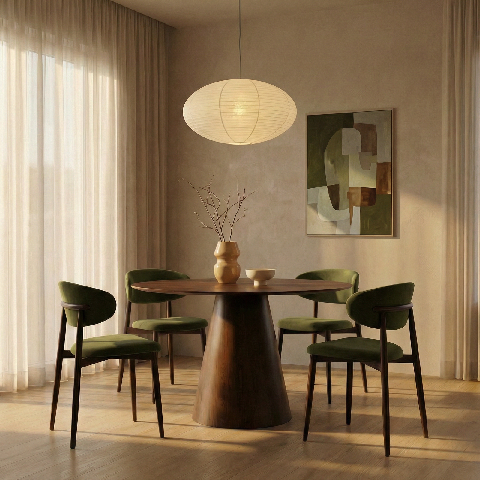 Halston Wooden Dining Chair | Moss Green Sustainable Mohair Velvet & Walnut