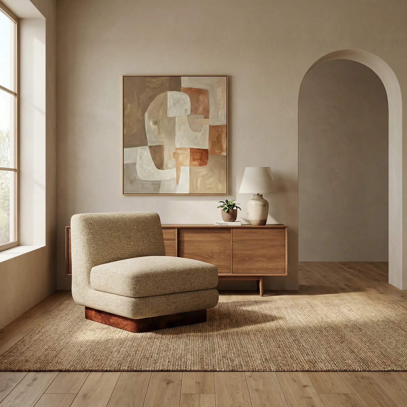 Harrison Accent Chair | Speckled Latte Boucle & Walnut Burl Wood