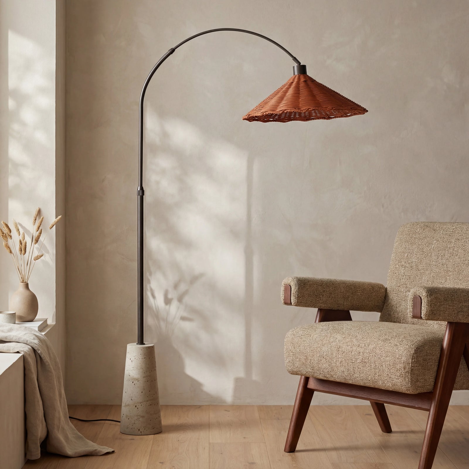 Keston Arc Floor Lamp | Rattan & Natural Travertine