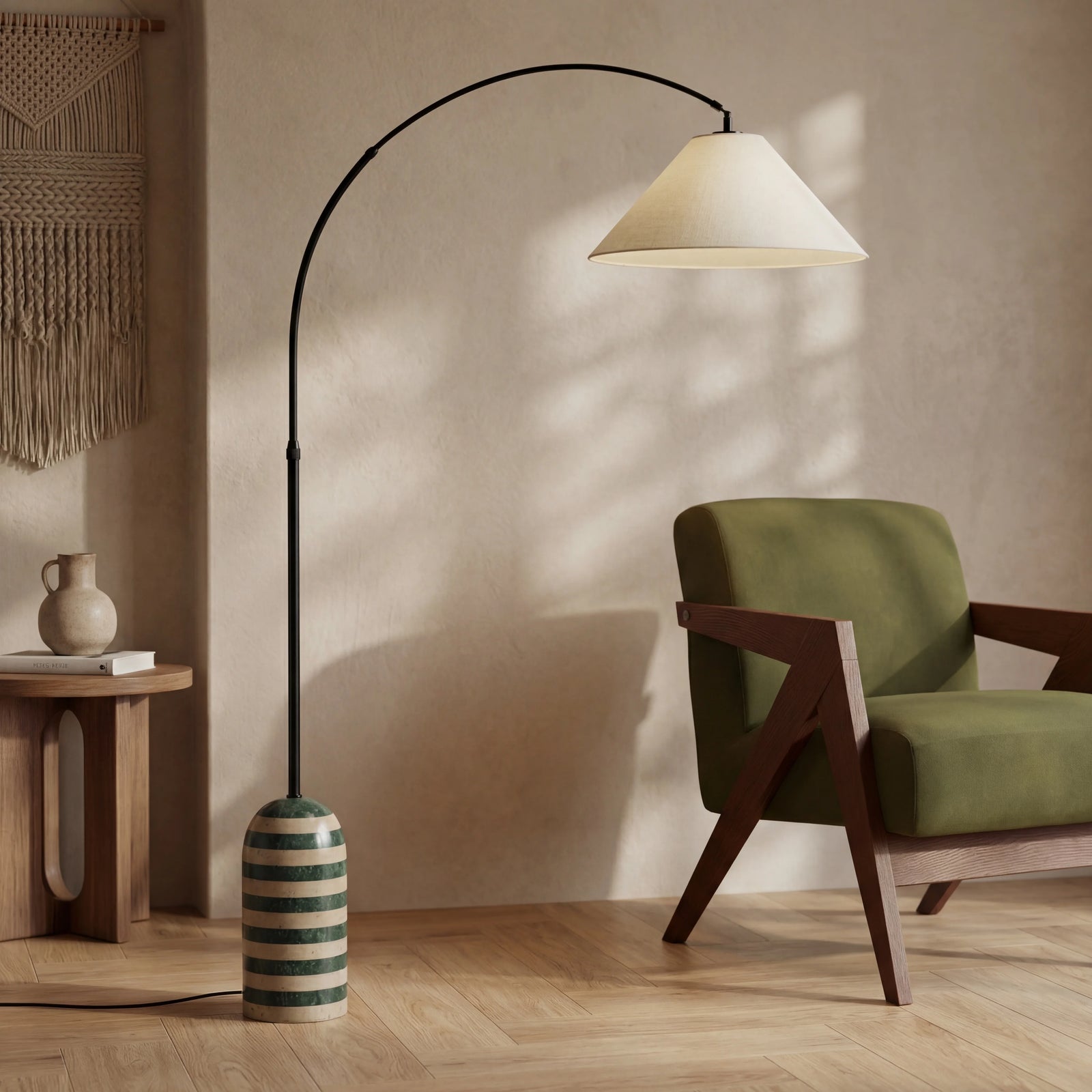 Leora Arc Floor Lamp | Dark Green Marble & Natural Travertine
