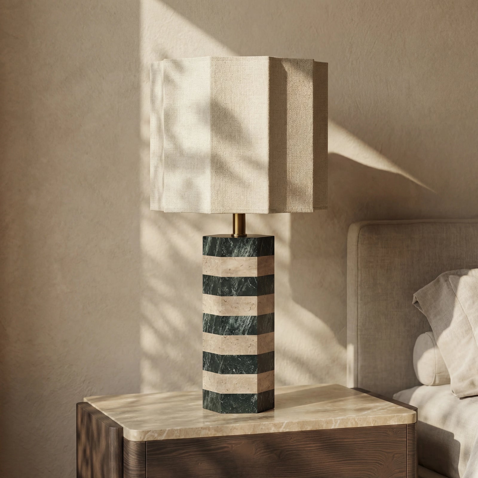 Kenny Table Lamp | Dark Green Marble & Natural Travertine