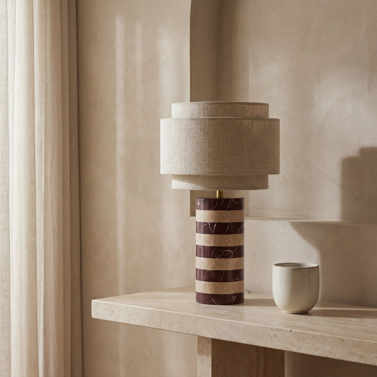 Briar Table Lamp | Dark Red Marble & Natural Travertine
