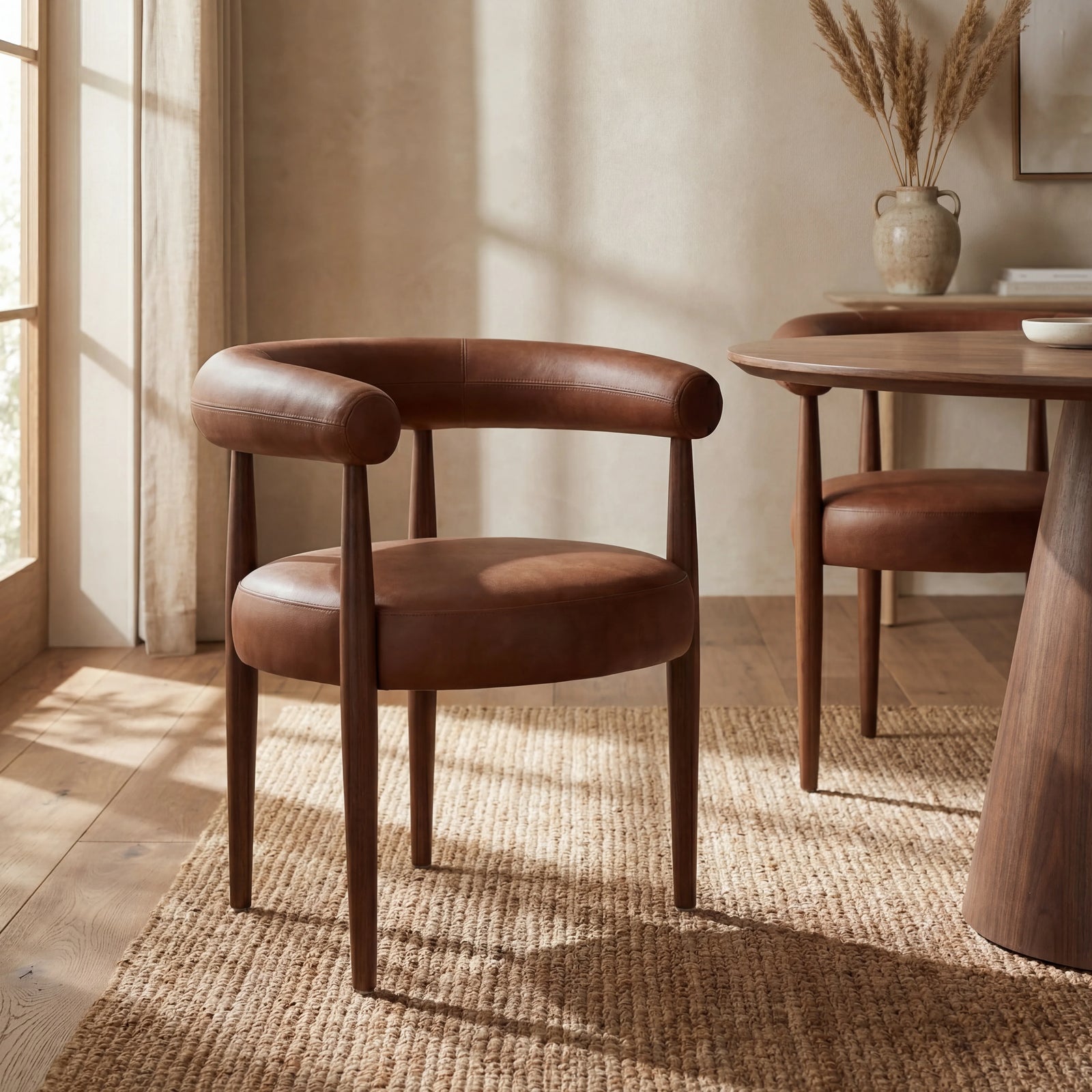 Elan Carver Dining Chair | Vintage Tan Faux Leather & Walnut