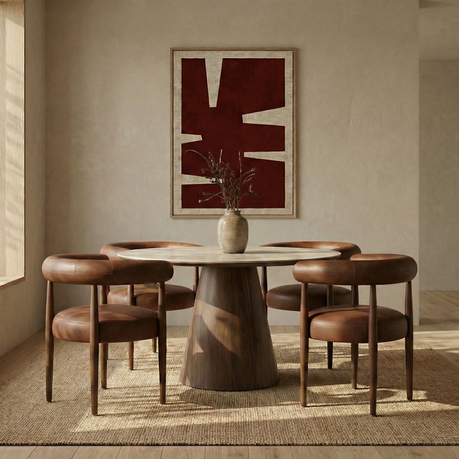 Finnley Large 4 Seat Round Dining Table | Natural Travertine Effect Sintered Stone & Walnut