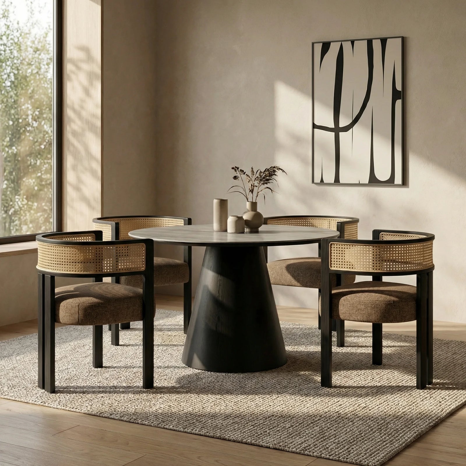 Finnley Large 4 Seat Round Dining Table | Grey Travertine Effect Sintered Stone & Black