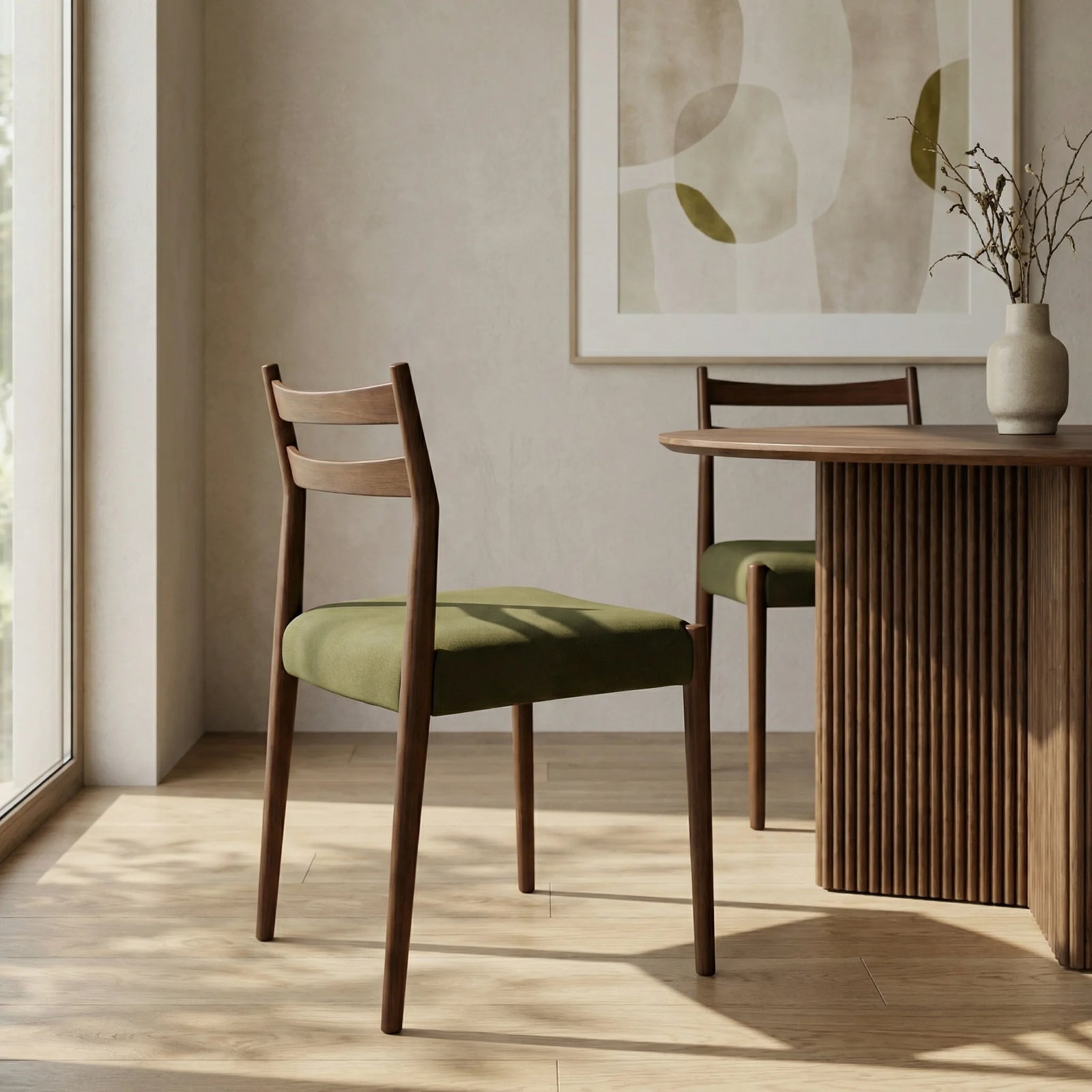 Caleb Wooden Dining Chair | Moss Green Sustainable Mohair Velvet & Walnut