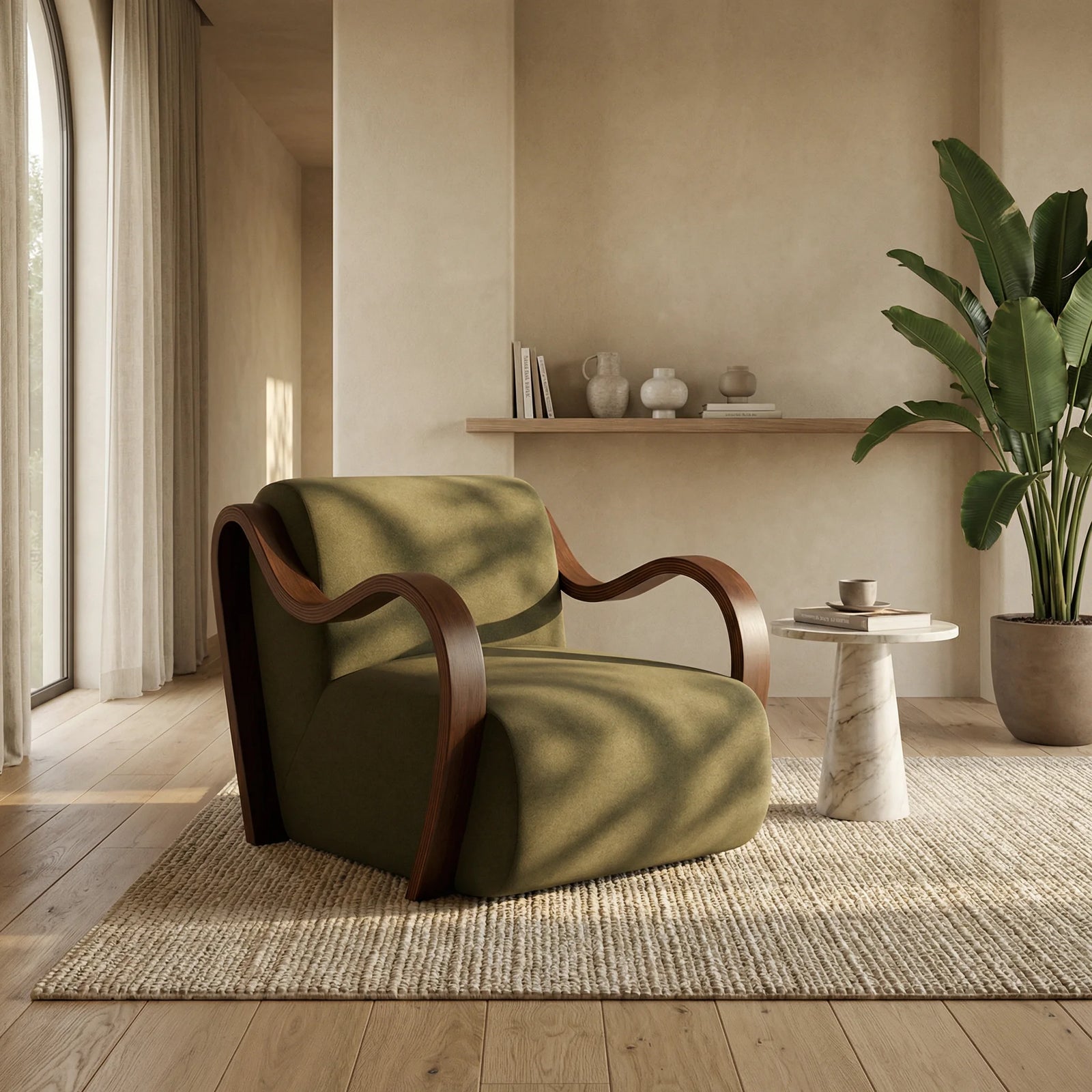 Talie Accent Chair | Moss Green Sustainable Mohair Velvet & Walnut