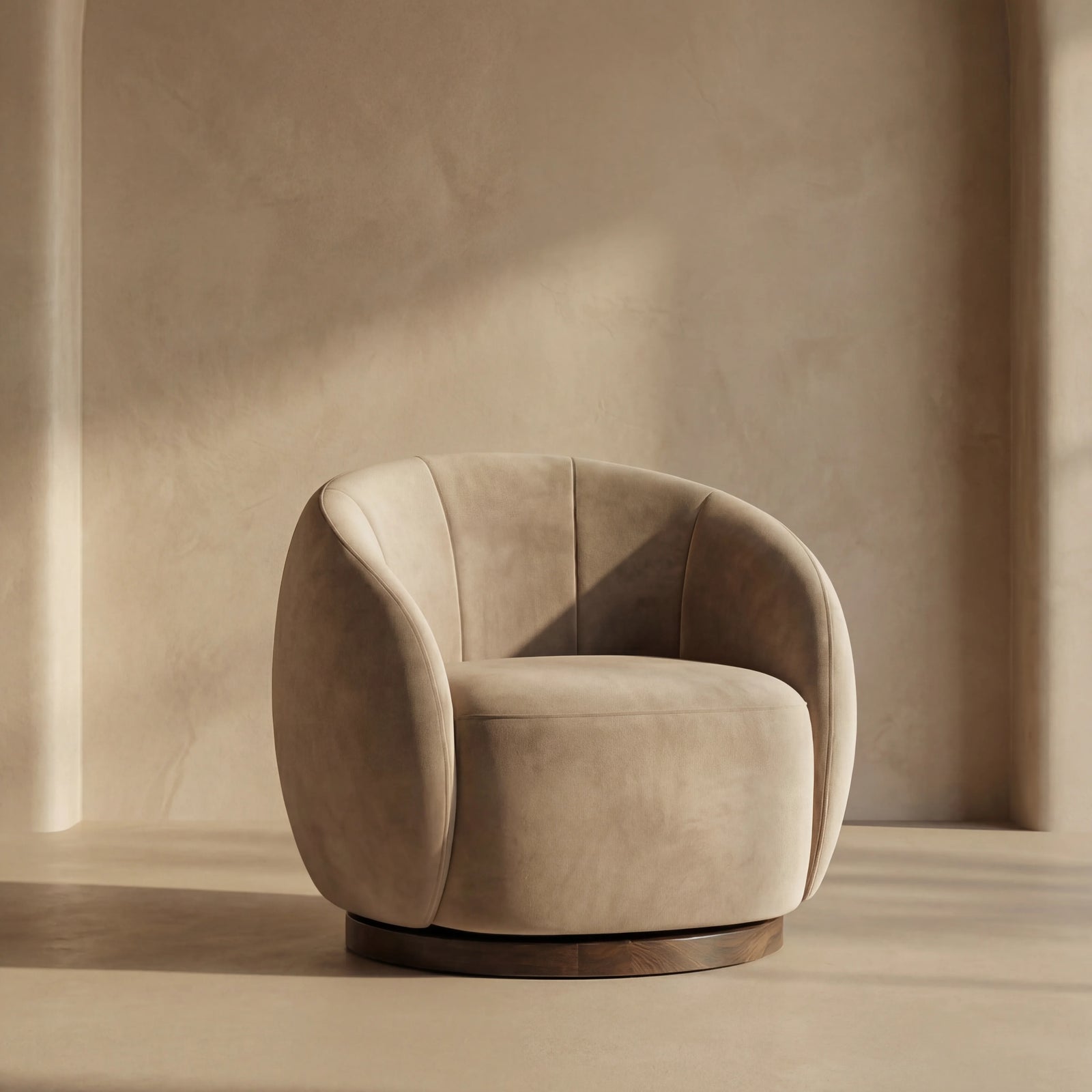 Emile Swivel Armchair | Taupe Sustainable Velvet & Walnut & Walnut
