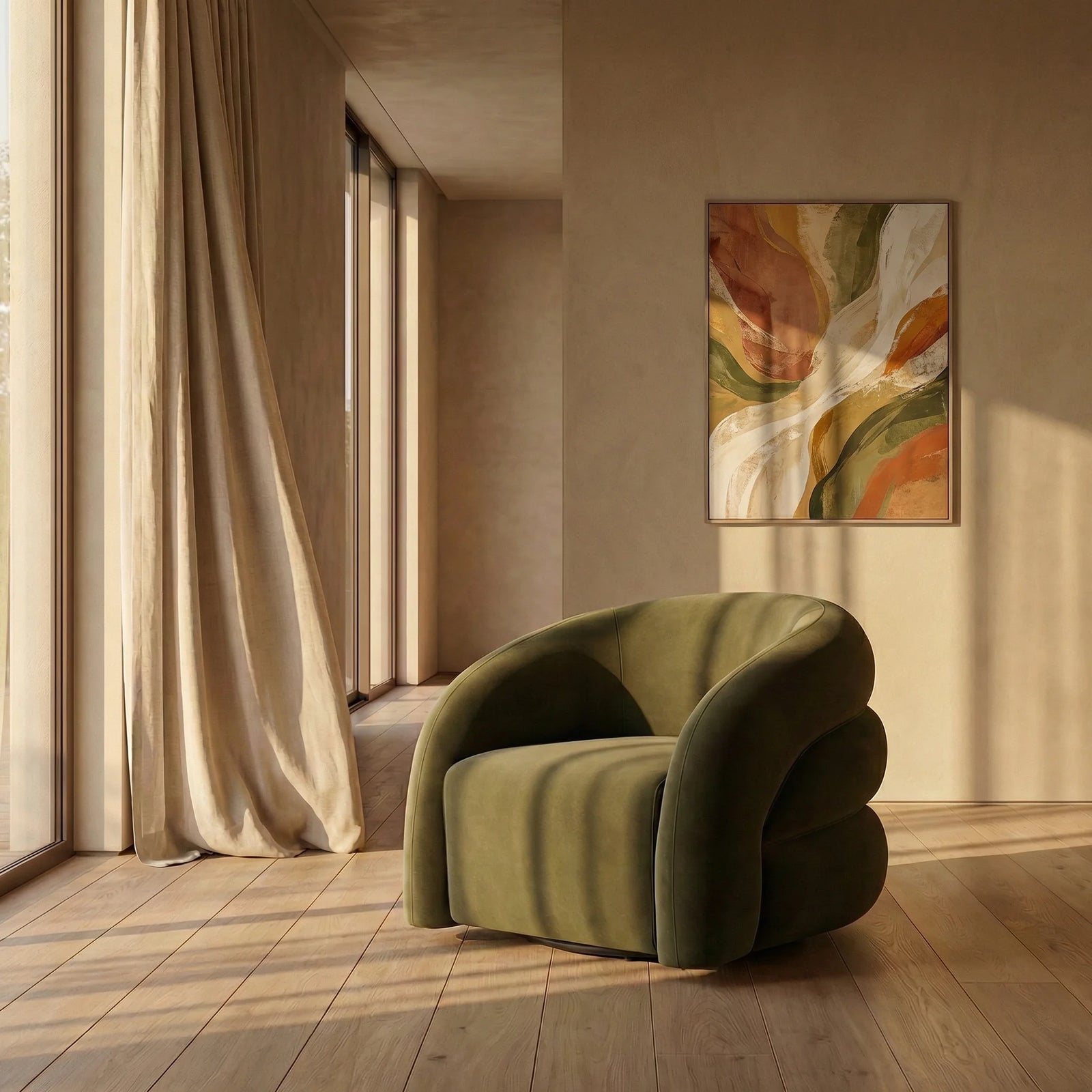 Chaplin Swivel Accent Chair | Moss Green Sustainable Mohair Velvet & Walnut