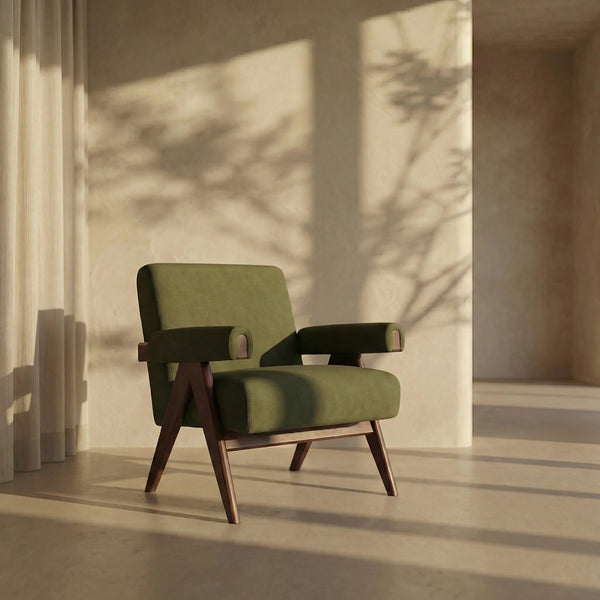 Cary Accent Chair, Moss Green Sustainable Mohair Velvet & Walnut
